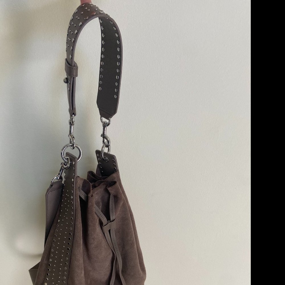 Allsaints Billie Bucket Shoulder Bag in Taupe Suede